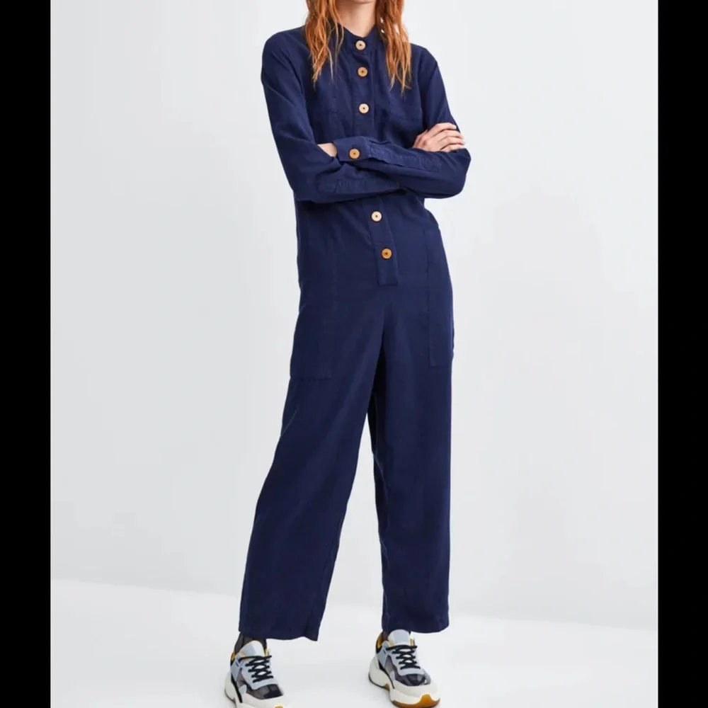 NWT Zara Blue Long Sleeve Utility Jumpsuit Size Medium - Picture 1 of 5